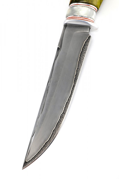 Нож Разделочный сталь дамаск ламинированный рукоять вставка акрил белый карельская береза зеленая 