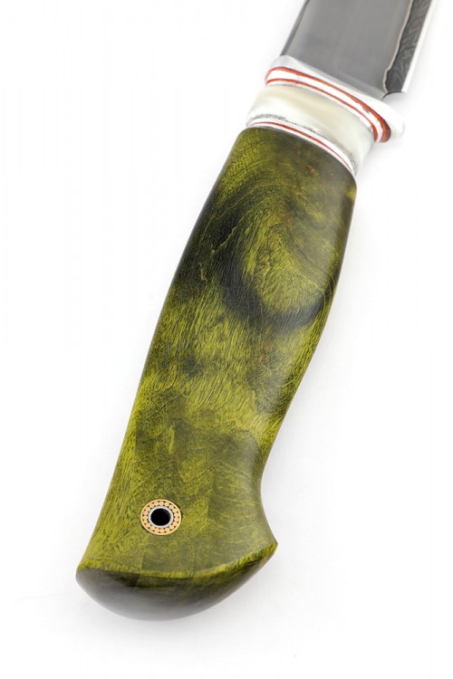 Нож Разделочный сталь дамаск ламинированный рукоять вставка акрил белый карельская береза зеленая 