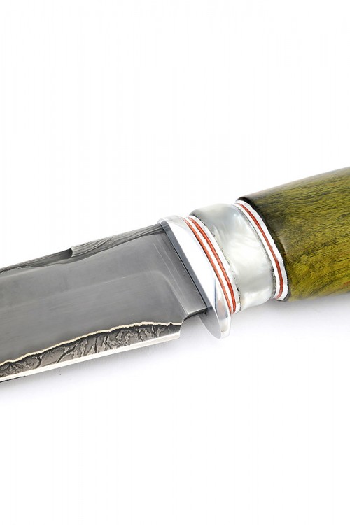 Нож Разделочный сталь дамаск ламинированный рукоять вставка акрил белый карельская береза зеленая 