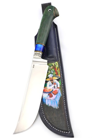 Нож узбекский-2 сталь К340 рукоять наборная, мельхиор, вставка акрил синий, карельская береза зеленая, ФОРМОВАННЫЕ НОЖНЫ