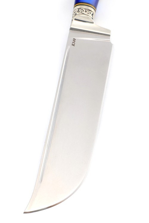 Нож Узбек-2 сталь К340 рукоять наборная, мельхиор, вставка акрил синий, карельская береза зеленая, ФОРМОВАННЫЕ НОЖНЫ 