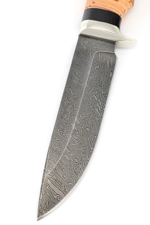 Нож Волк сталь дамаск рукоять мельхиор, береста 