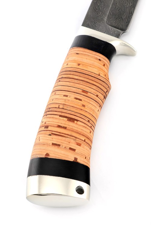 Нож Волк сталь дамаск рукоять мельхиор, береста 