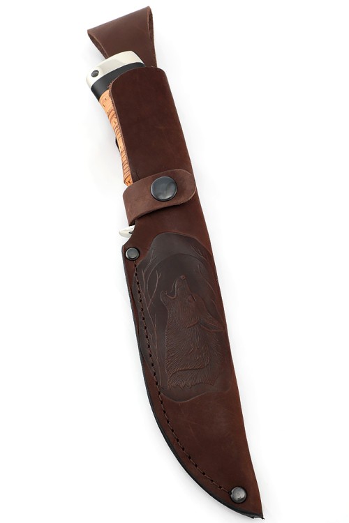 Нож Волк сталь дамаск рукоять мельхиор, береста 