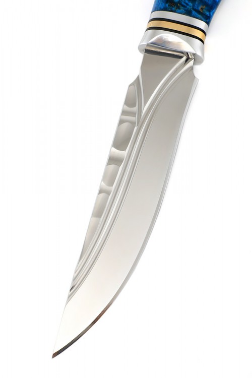 Нож Хищник кованая сталь х12мф долы-камень рукоять кап клена синий 