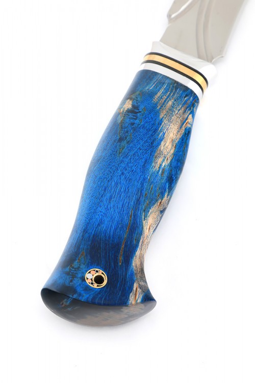 Нож Хищник кованая сталь х12мф долы-камень рукоять кап клена синий 