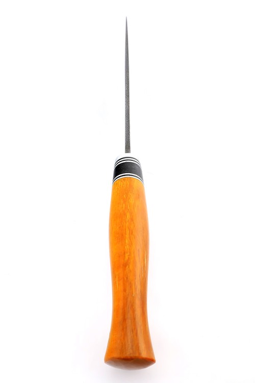 Нож Перун сталь ХВ5 рукоять вставка черный граб, карельская береза янтарная 