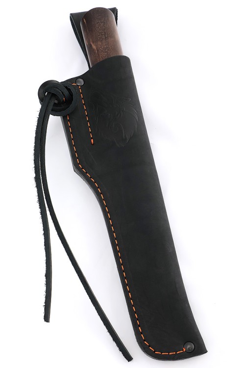 Нож Северный №4 сталь дамаск кованый дол, рукоять вставка клык моржа (скримшоу), карельская береза коричневая 