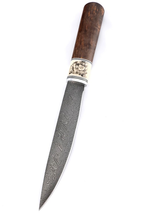 Нож Северный №4 сталь дамаск кованый дол, рукоять вставка клык моржа (скримшоу), карельская береза коричневая 