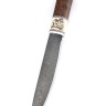 Нож Якут №4 сталь дамаск кованый дол, рукоять вставка клык моржа (скримшоу), карельская береза коричневая 