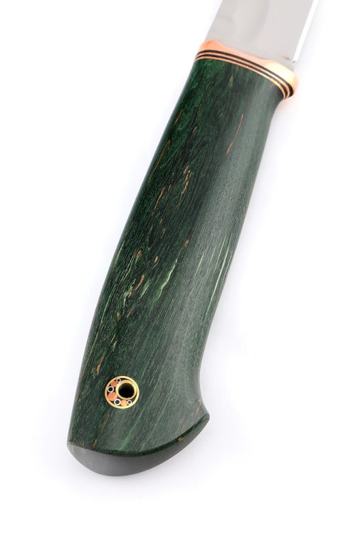 Нож Оскал сталь кованая х12мф - камень, рукоять медь, карельская береза зеленая 