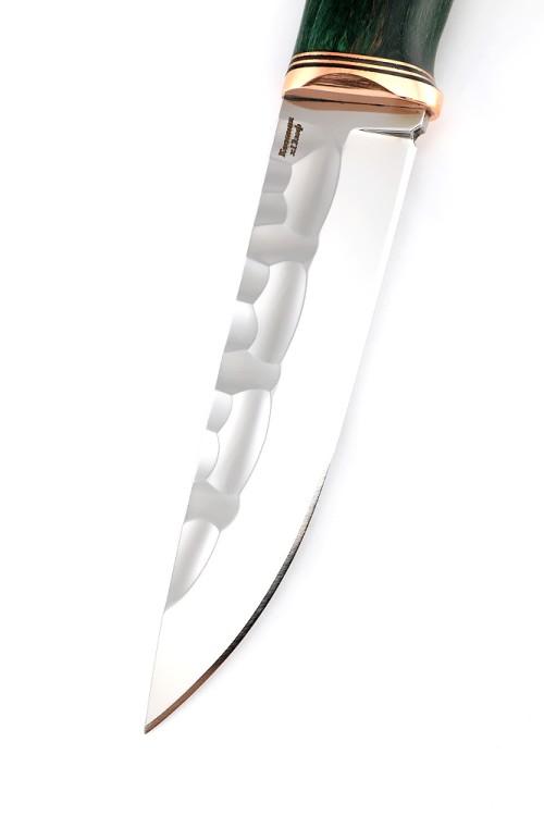 Нож Оскал сталь кованая х12мф - камень, рукоять медь, карельская береза зеленая 